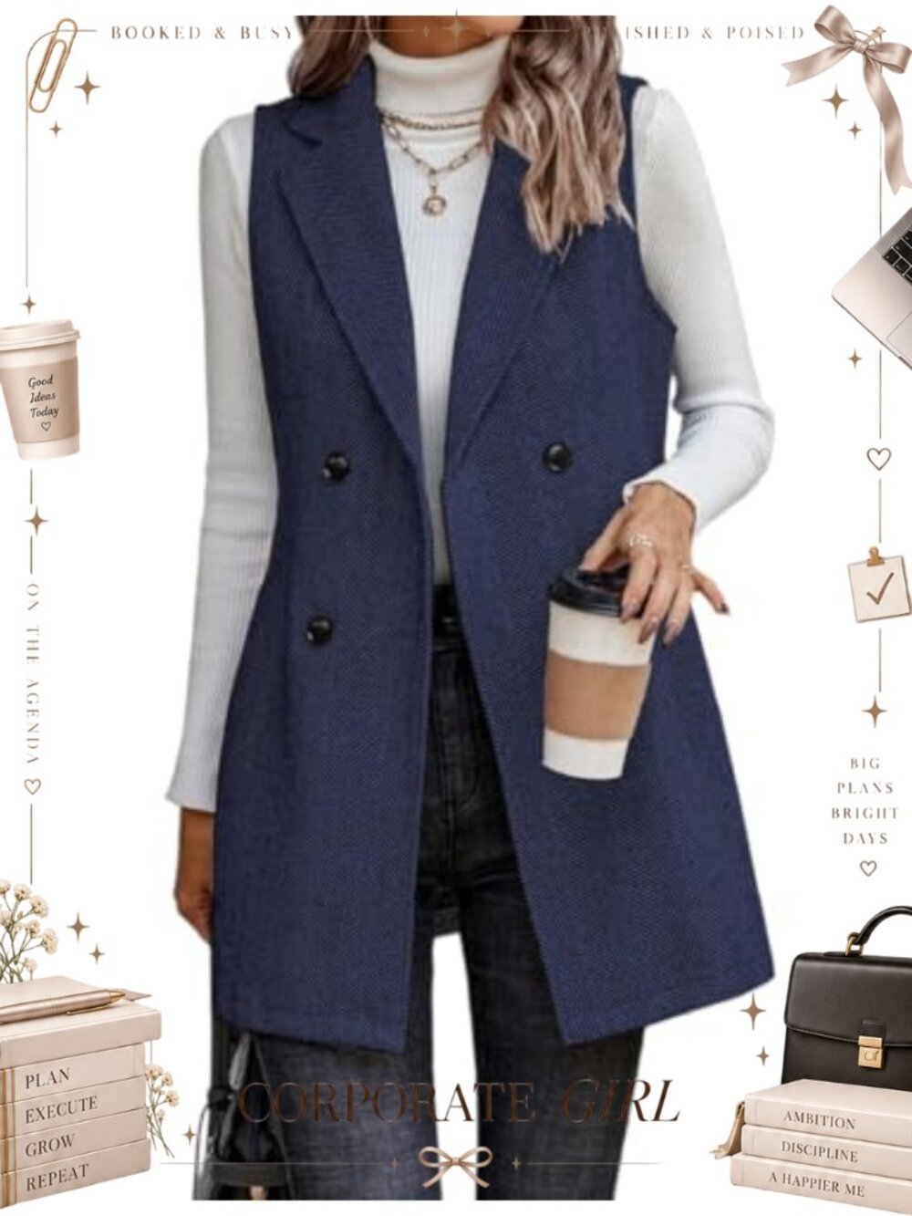 Long Sleeveless Tweed Vest Blazer Herringbone Wool Blend Double Breasted